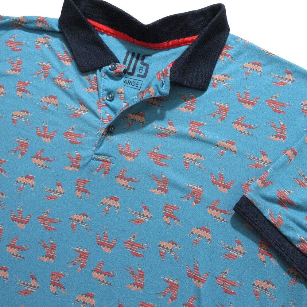 W&S Mens Polo‎ Shirt L Light Blue Allover Southwestern Sparrows Bird